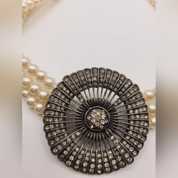 Heidi Daus Pearl Multi Strand Medallion Pendant Sparkly Stamped Necklace